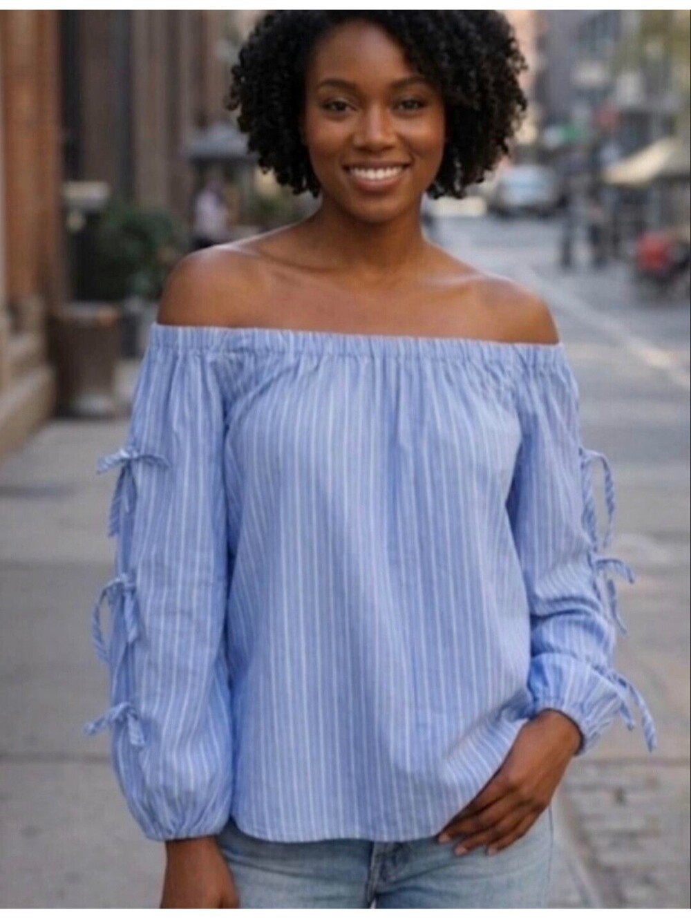 Free Assemb Women's Blue and White Striped Off-Shoulder Blouse with Tie Sleeve